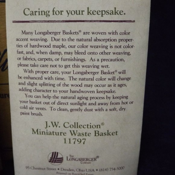 Longaberger 1997 C.C. J.W. Collection Miniature Waste Basket Combo New in Box - Picture 11 of 11